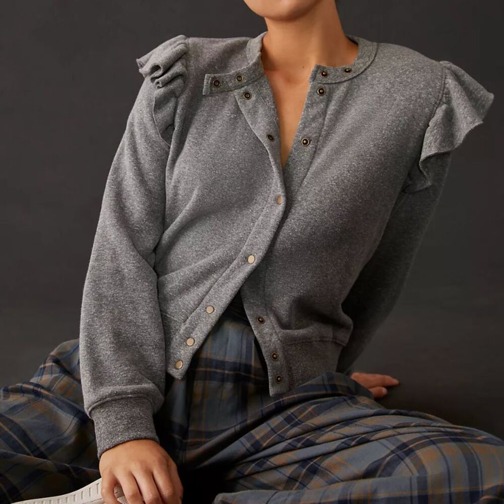 Clare V Cardigan Sweater le snap ruffle womens Gray (large) contemporary casual